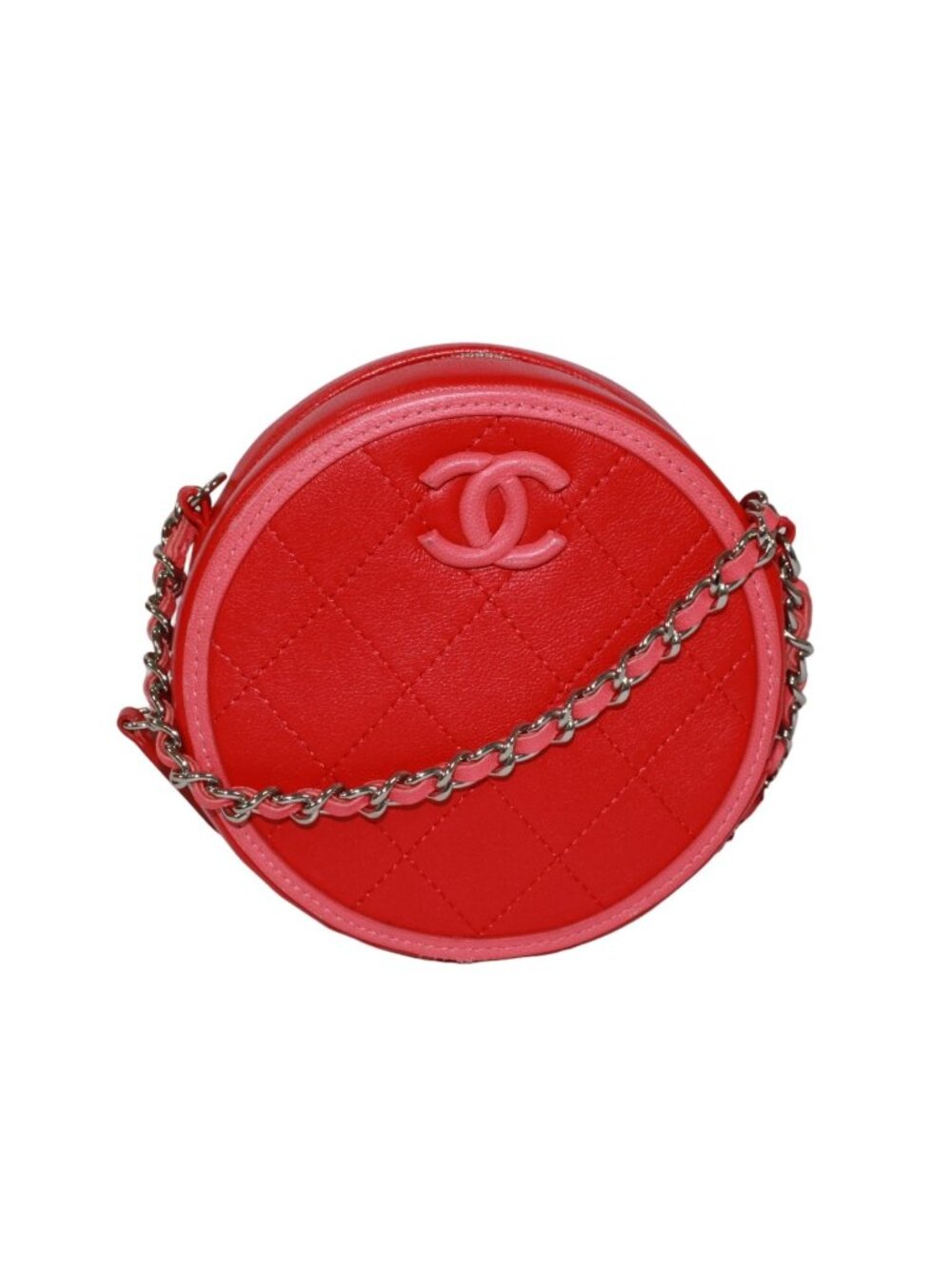 Chanel Round Lambskin Pink Red Chain Shoulder Bag Silver